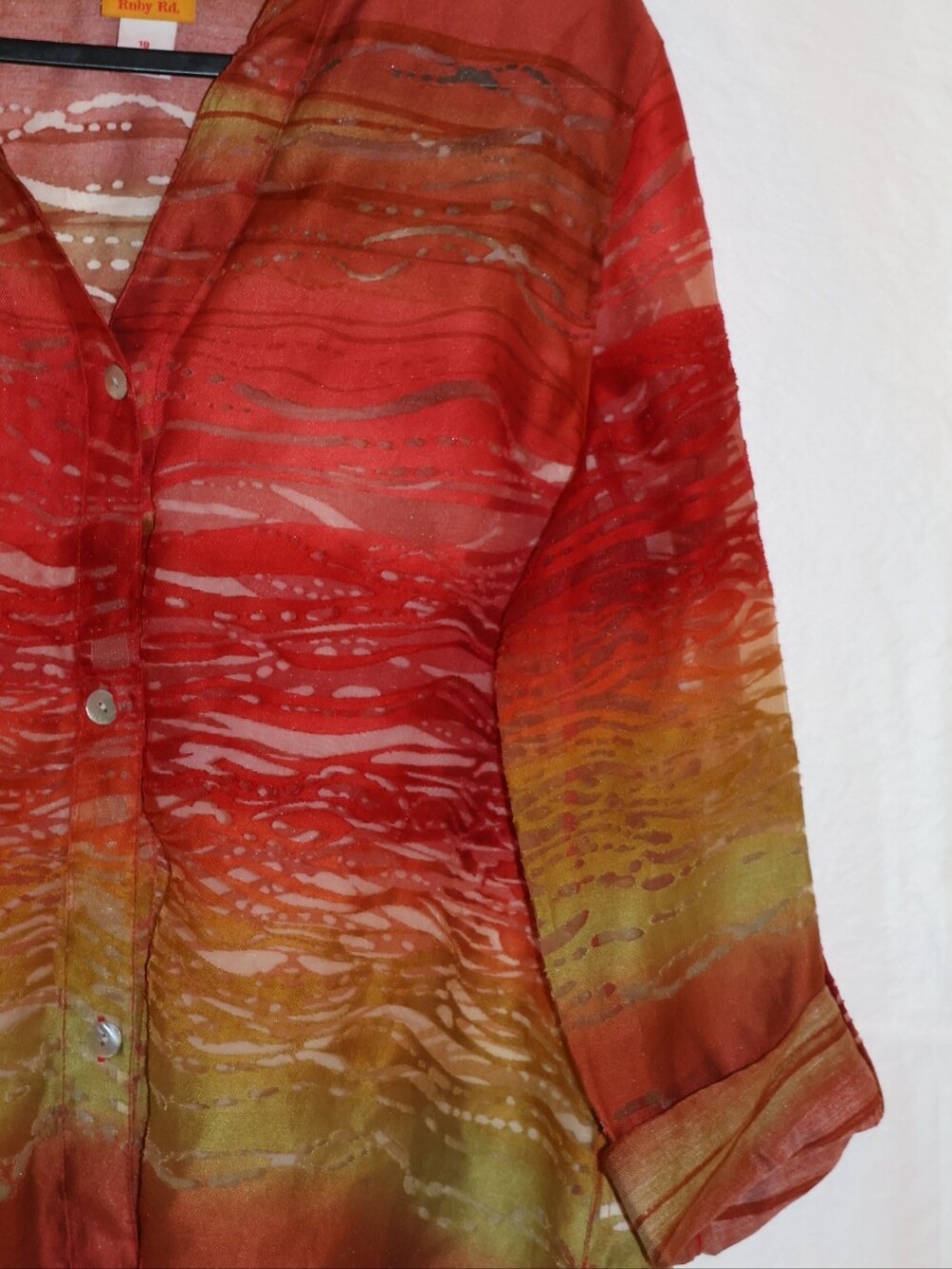 Ruby Rd. Earthy Sunset Gradient Patterned Button-Front Blouse. - Picture 5 of 14
